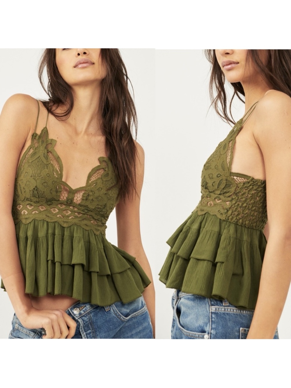 Free People Olive Green Lace Tiered Ruffle Cami. Size XS